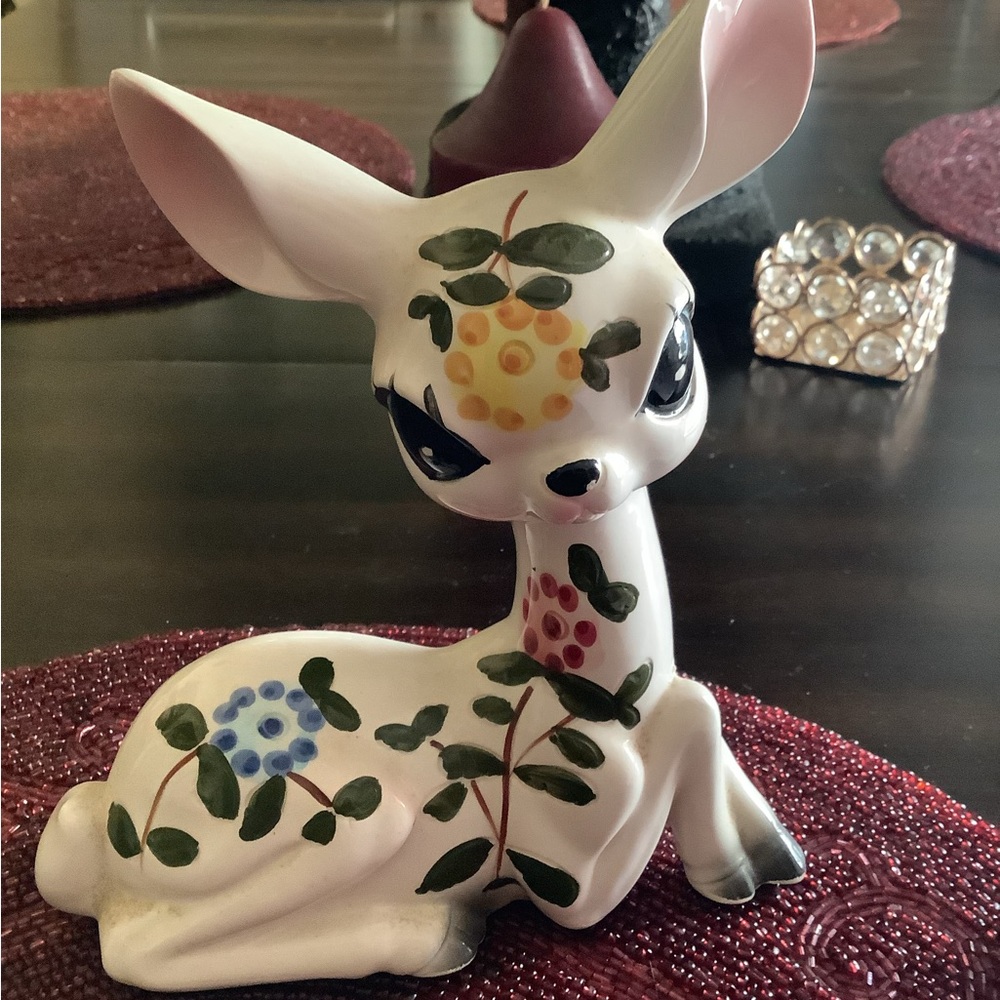 Vintage big eyed doe big ear porcelain floral figurine large 8x7 Rossini japan